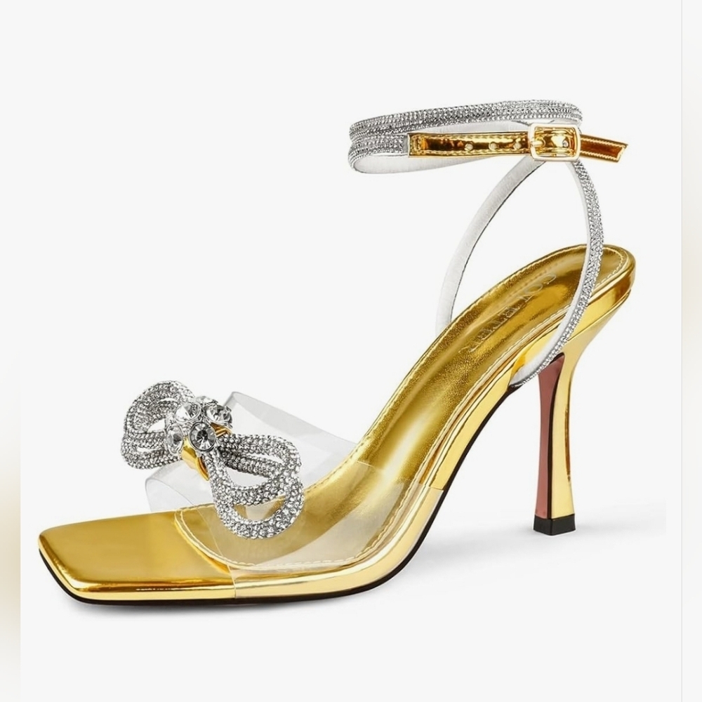 Gold Rhinestone Bow Heels Clear Strap Stiletto Sandals Square Toe, Size 7.5
